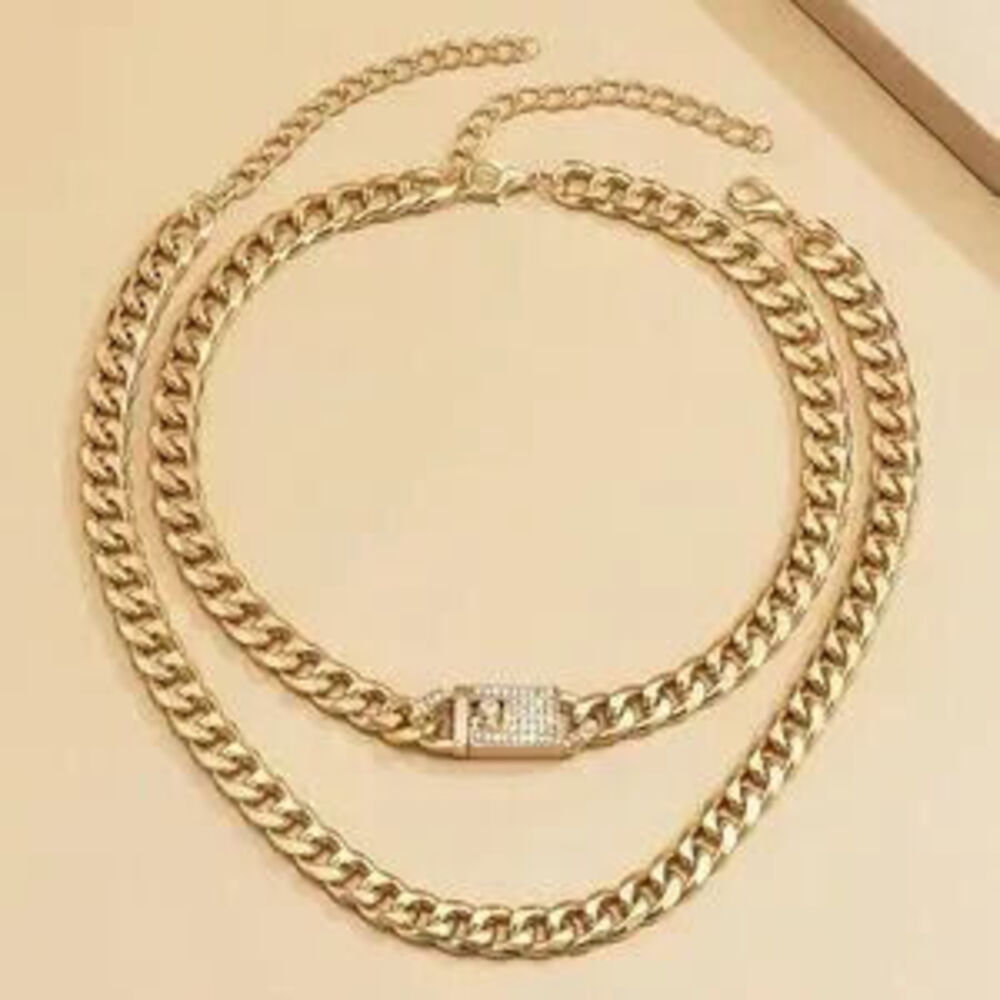 Gold Cuban 2pc Chain Necklace with Crystal Statement Necklace Gift Dainty